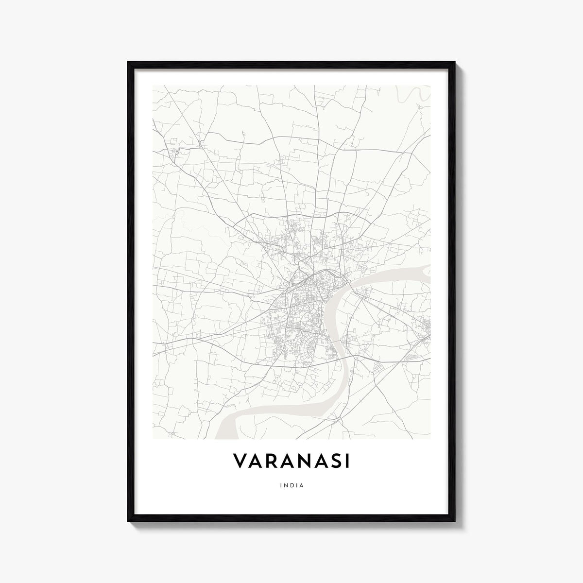 Varanasi black & white map poster of India – vertical wall art, unframed print shown in interior mockup