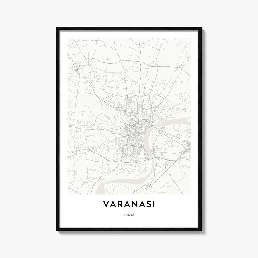 Varanasi black & white map poster of India – vertical wall art, unframed print shown in interior mockup