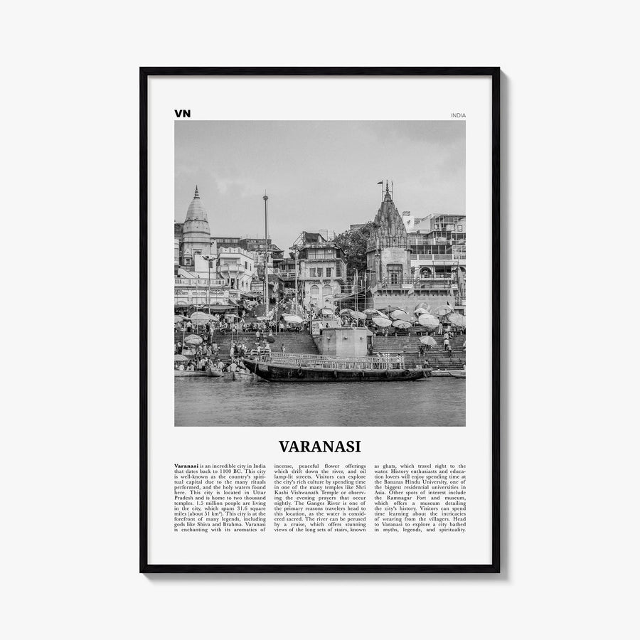 Varanasi black & white newspaper poster of India – vertical wall art, unframed print shown in interior mockup