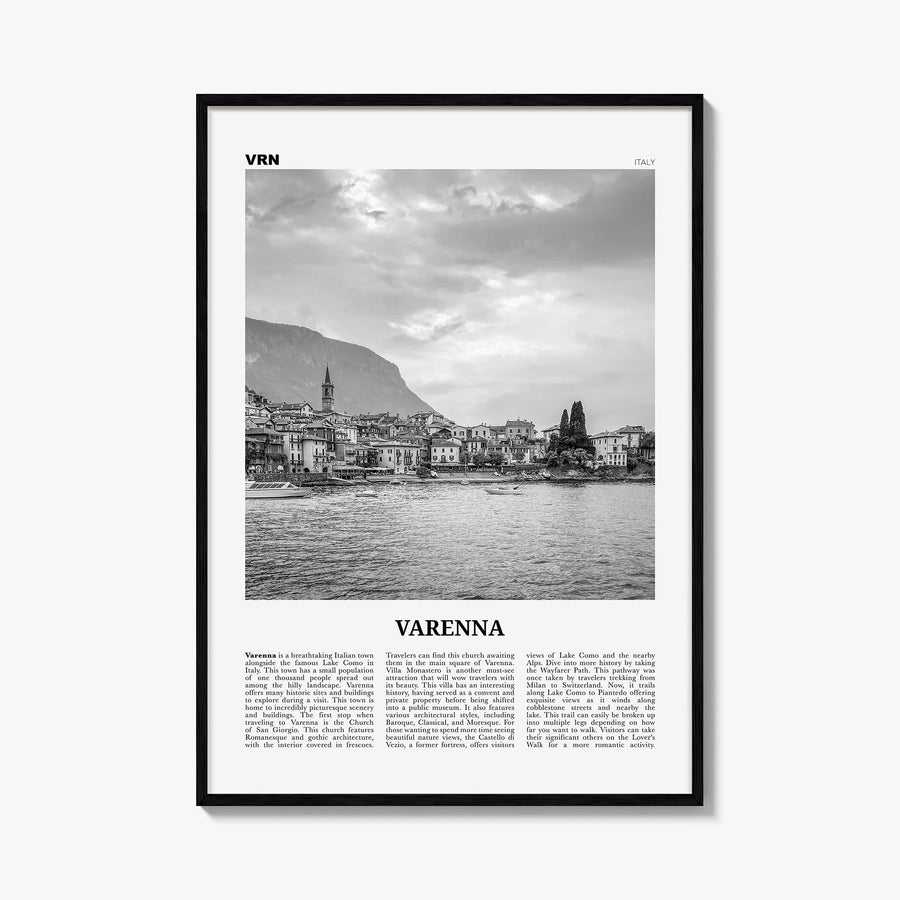 Varenna black & white newspaper poster of Italy – vertical wall art, unframed print shown in interior mockup