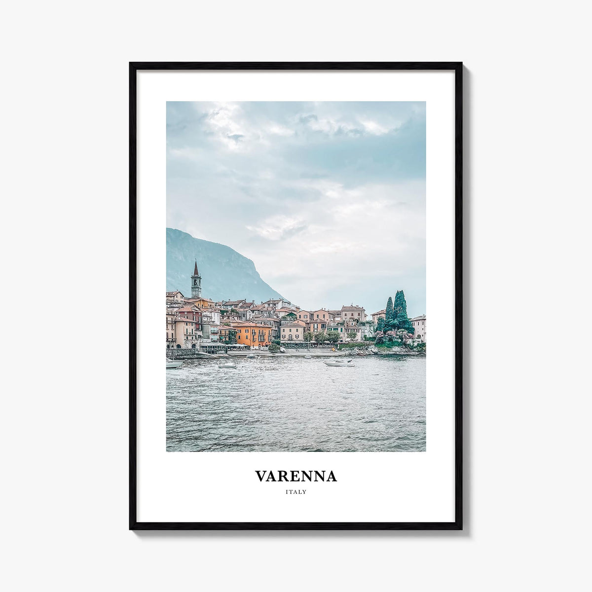 Varenna colorful classic poster of Italy – vertical wall art, unframed print shown in interior mockup