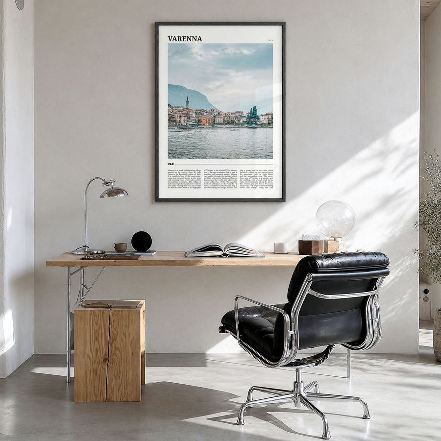 Varenna Travel Poster in a black wood frame, hanging in a bright home office