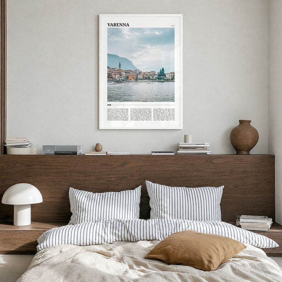 Varenna Travel Poster in a white wood frame, hanging in a bedroom