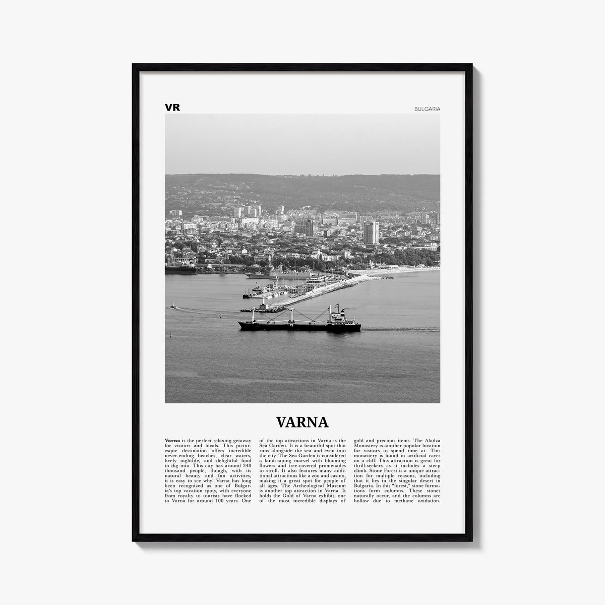 Varna black & white newspaper poster of Bulgaria – vertical wall art, unframed print shown in interior mockup