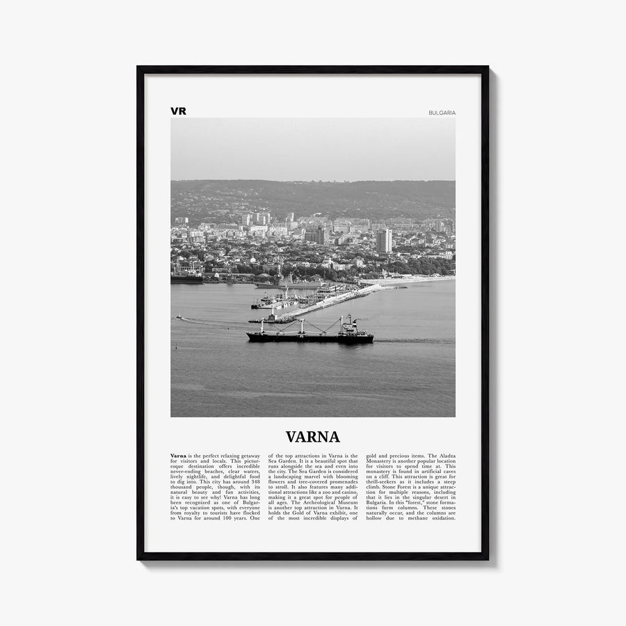 Varna black & white newspaper poster of Bulgaria – vertical wall art, unframed print shown in interior mockup