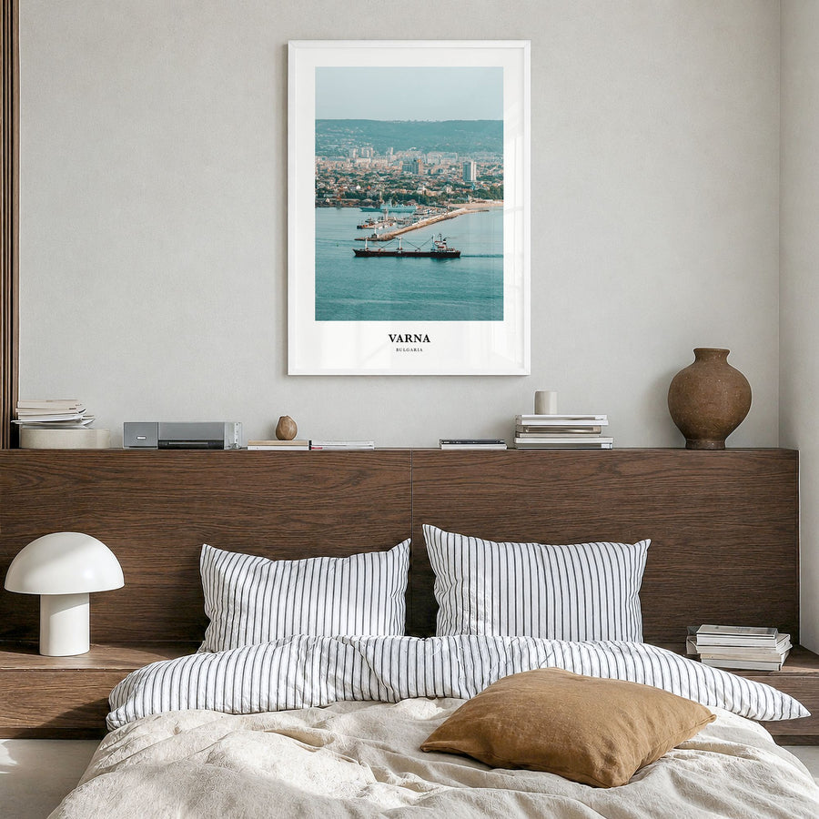 Varna Classic Poster in a white wood frame, hanging in a bedroom