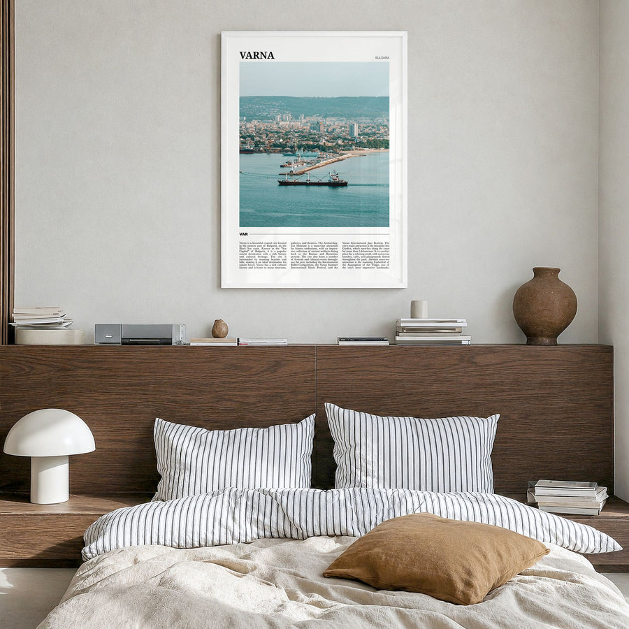 Varna Travel Poster in a white wood frame, hanging in a bedroom