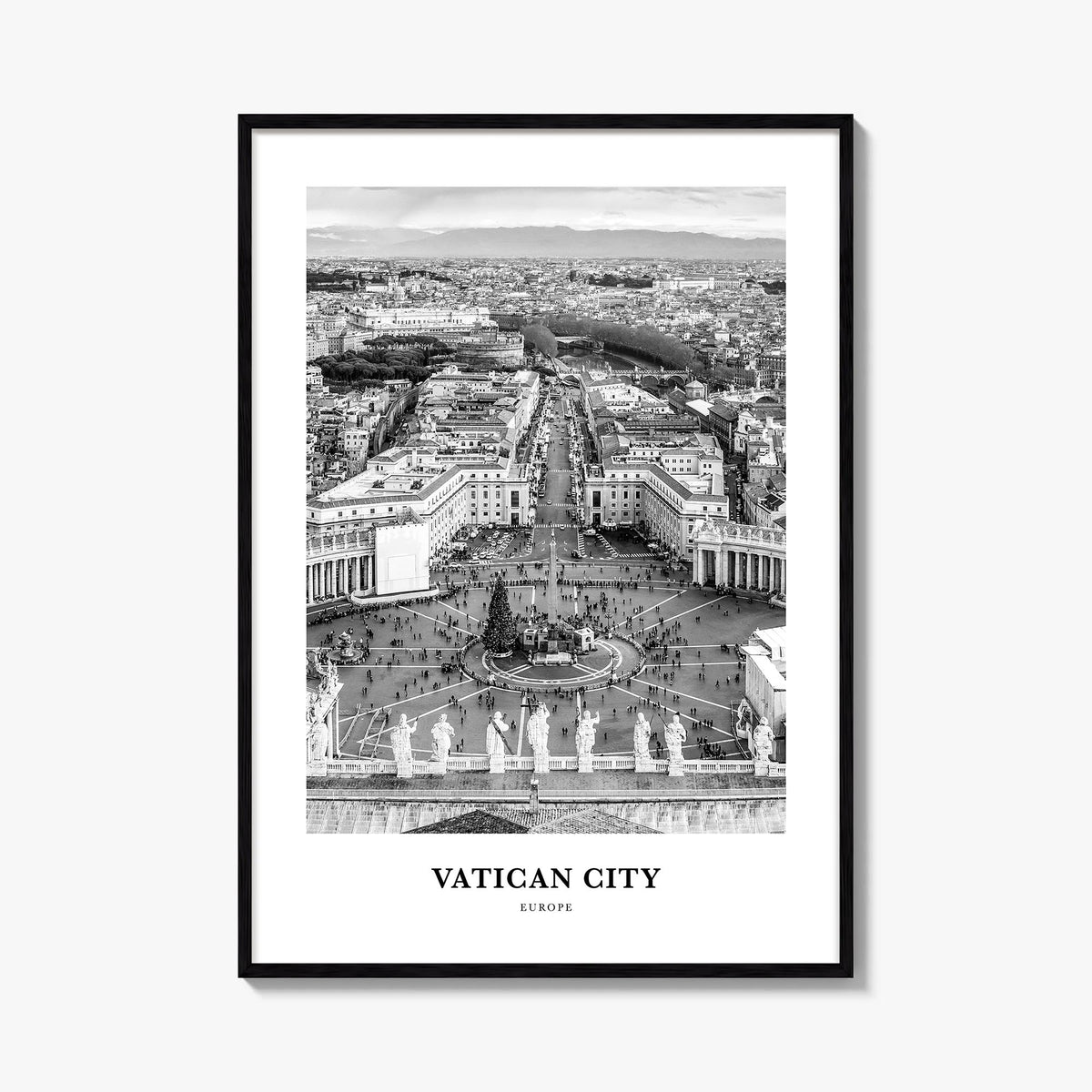 Vatican City black & white classic poster of Europe – vertical wall art, unframed print shown in interior mockup