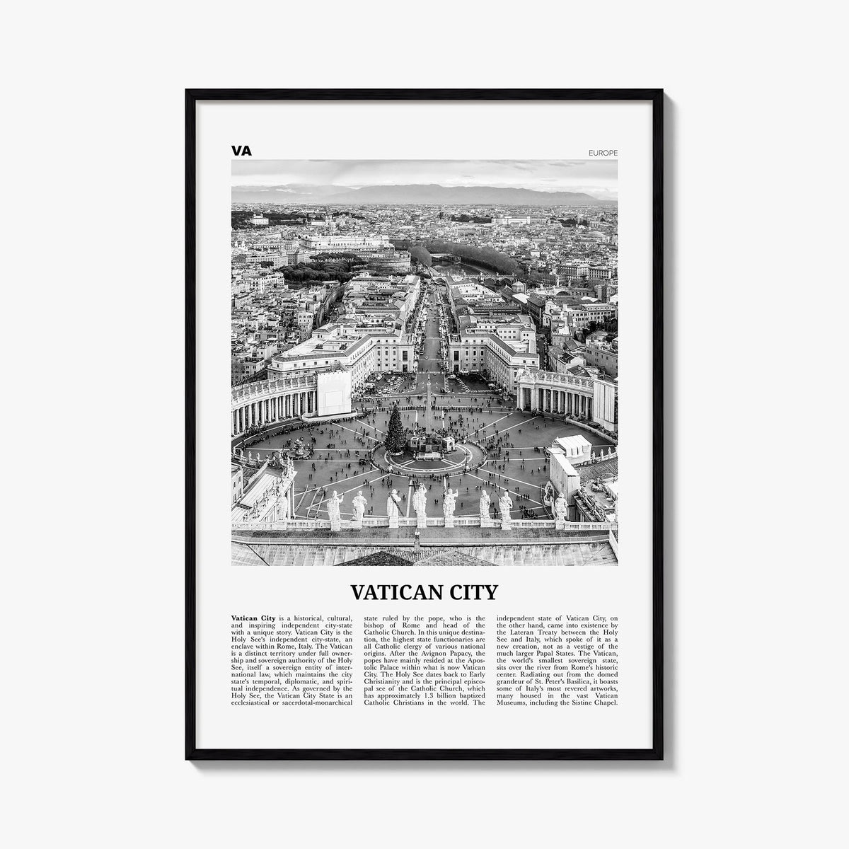 Vatican City black & white newspaper poster of Europe – vertical wall art, unframed print shown in interior mockup