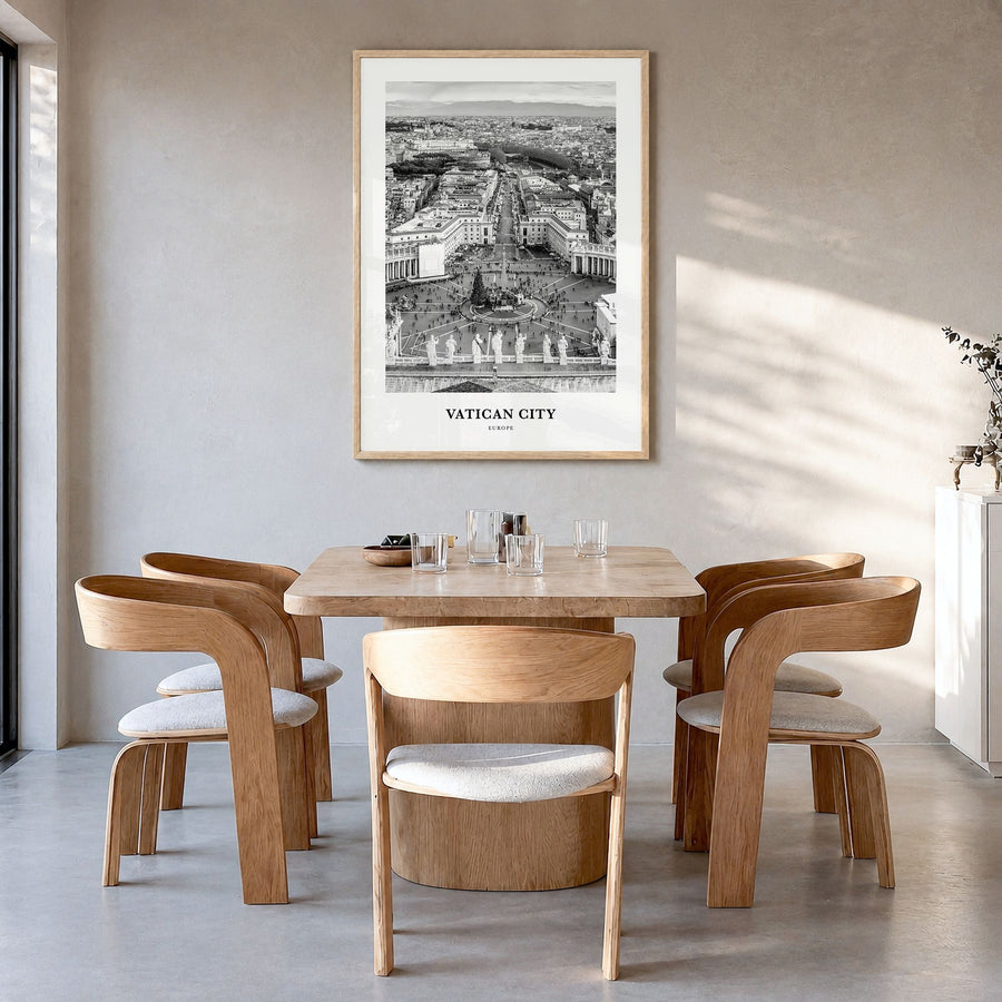 Vatican City Classic Poster in a natural wood frame, hanging in a dining room