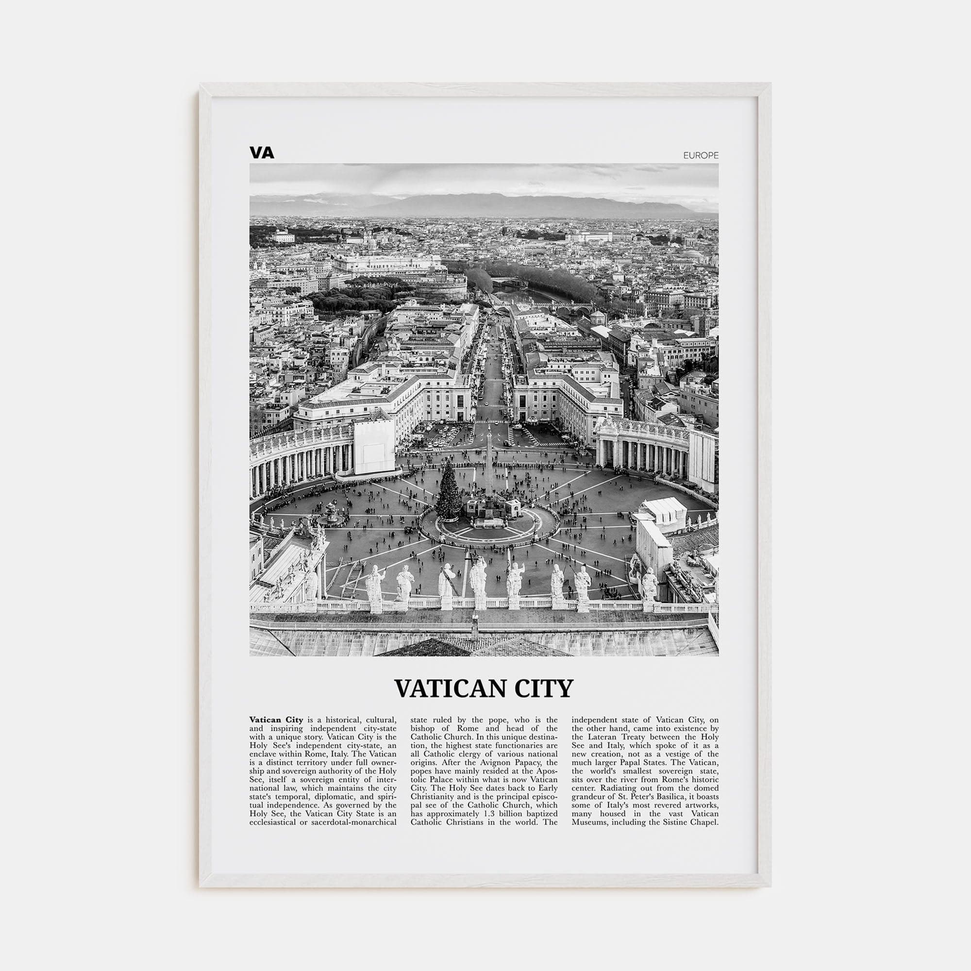 Vatican City Poster White Wood / 8x12 in Nbourhood Travel B&W Poster