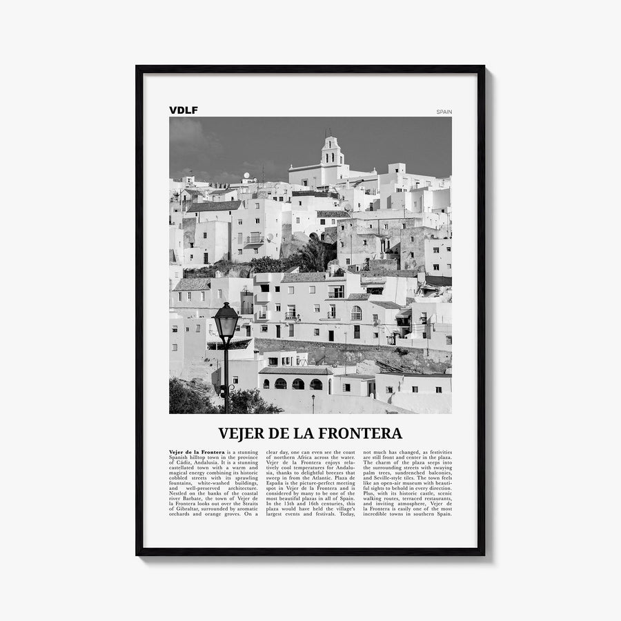 Vejer de la Frontera black & white newspaper poster of Spain – vertical wall art, unframed print shown in interior mockup