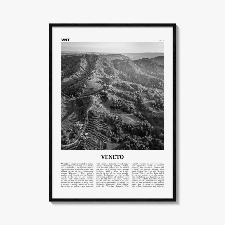 Veneto black & white newspaper poster of Italy – vertical wall art, unframed print shown in interior mockup