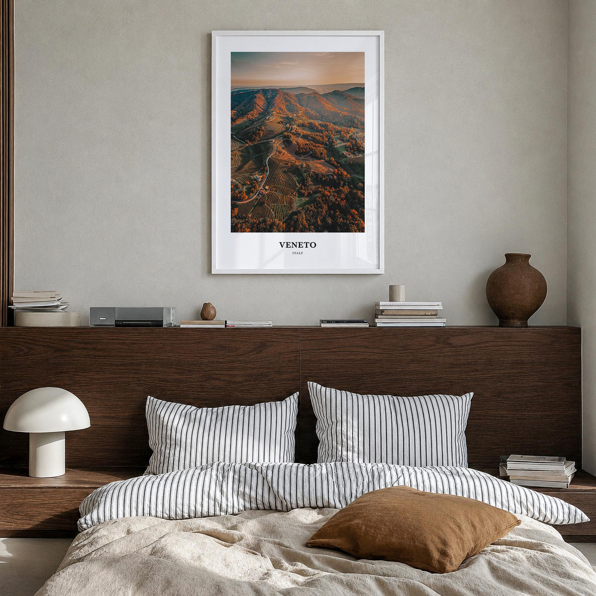 Veneto colorful classic poster of Italy – vertical wall art in white wood frame, hanging on wall