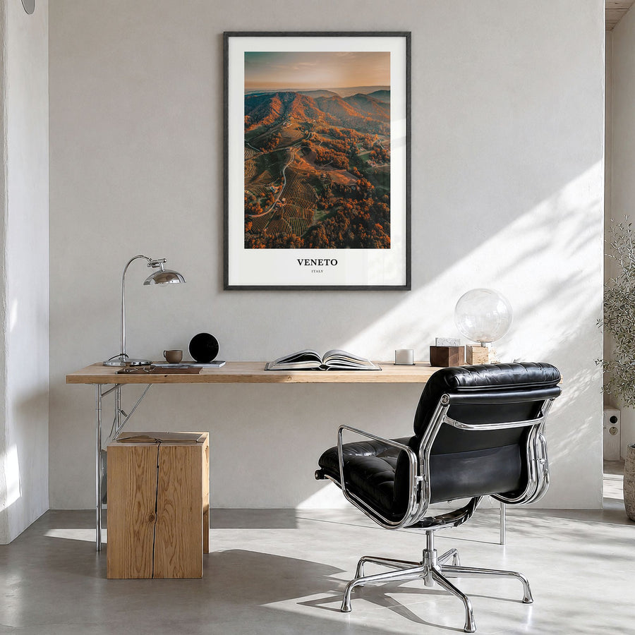 Veneto Classic Poster in a black wood frame, hanging in a bright home office