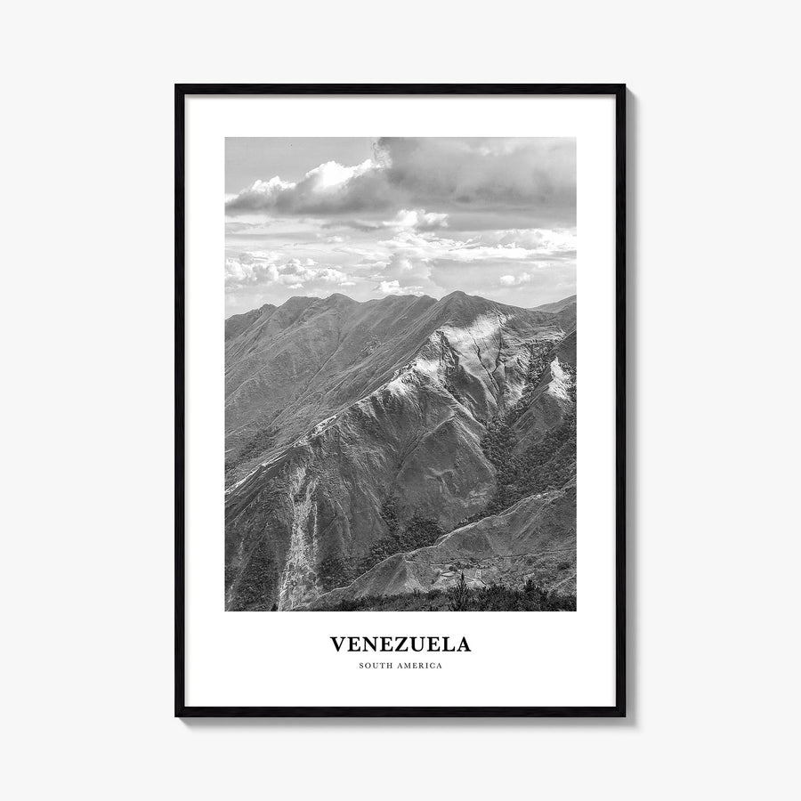 Venezuela black & white classic poster of South America – vertical wall art, unframed print shown in interior mockup