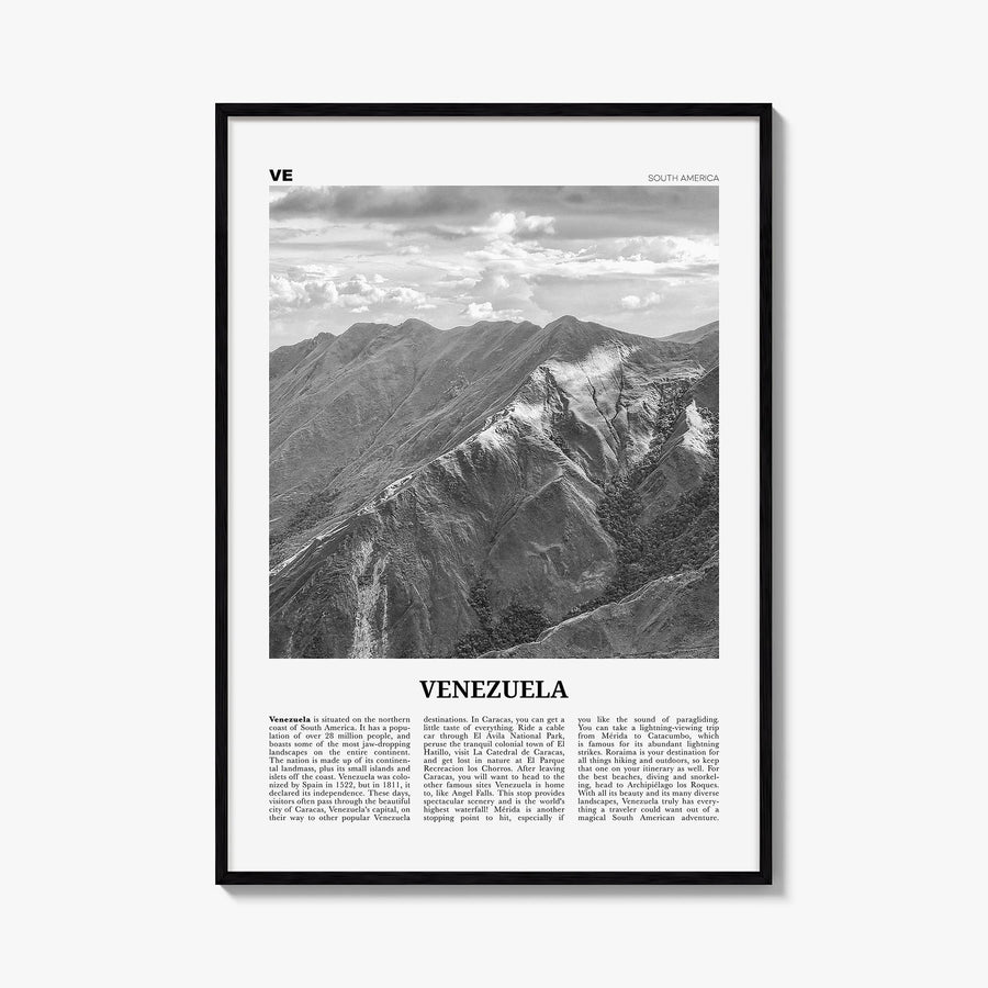 Venezuela black & white newspaper poster of South America – vertical wall art, unframed print shown in interior mockup