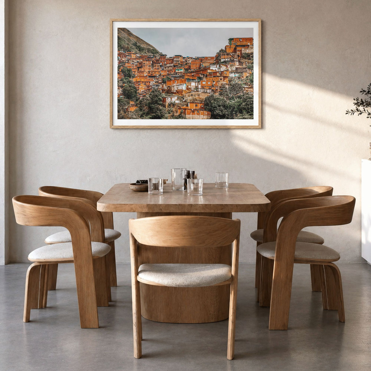 Venezuela Photo Poster in a natural wood frame, hanging in a dining room, white border