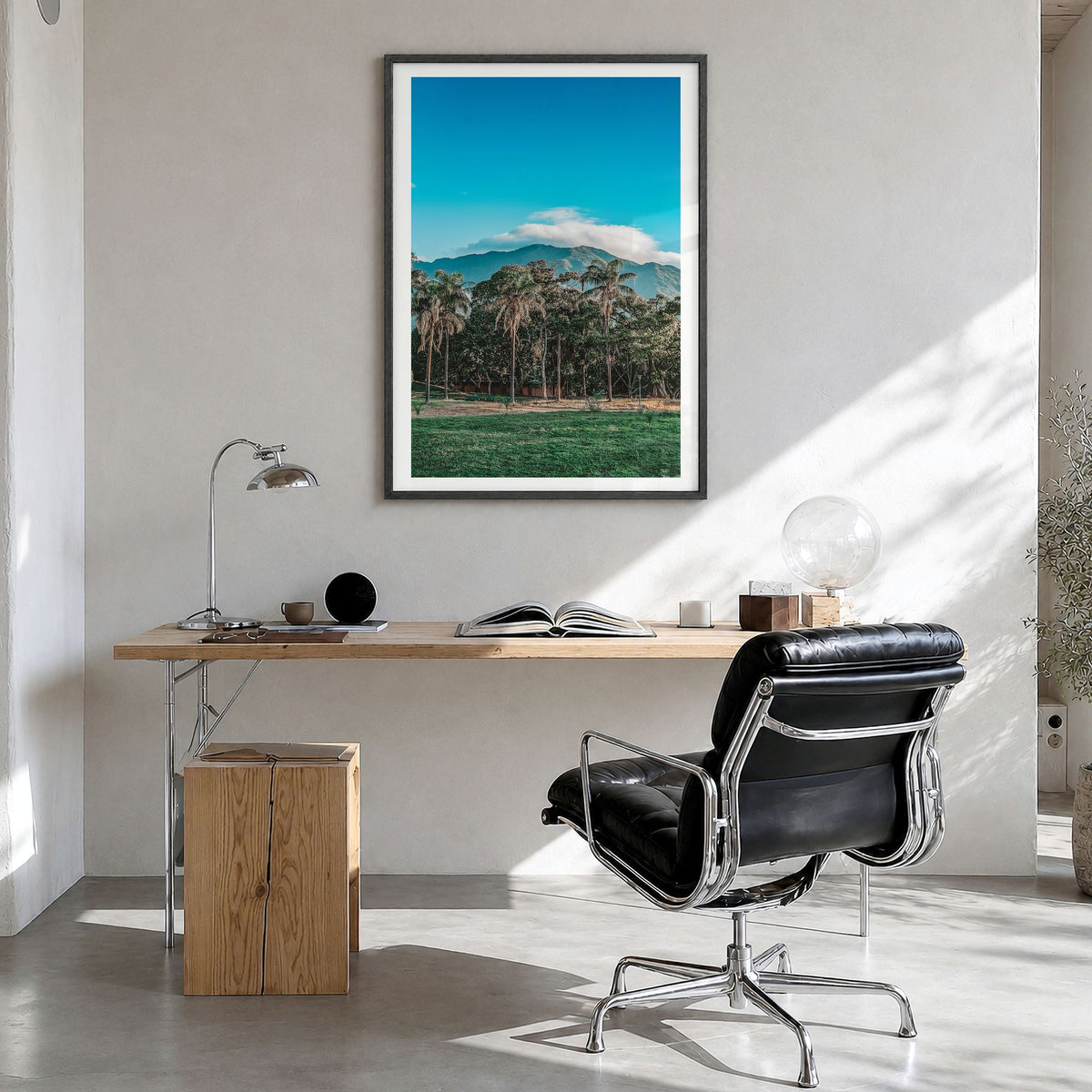 Venezuela Photo Poster in a black wood frame, hanging in a bright home office, white border