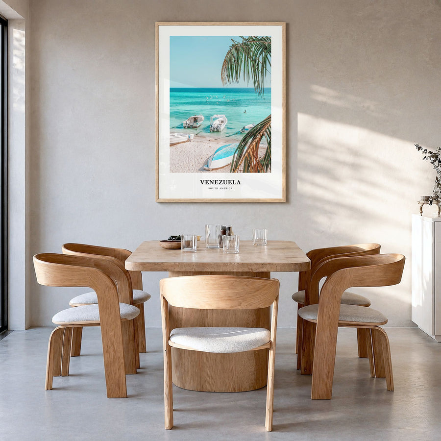 Venezuela Classic No 2 Poster in a natural wood frame, hanging in a dining room