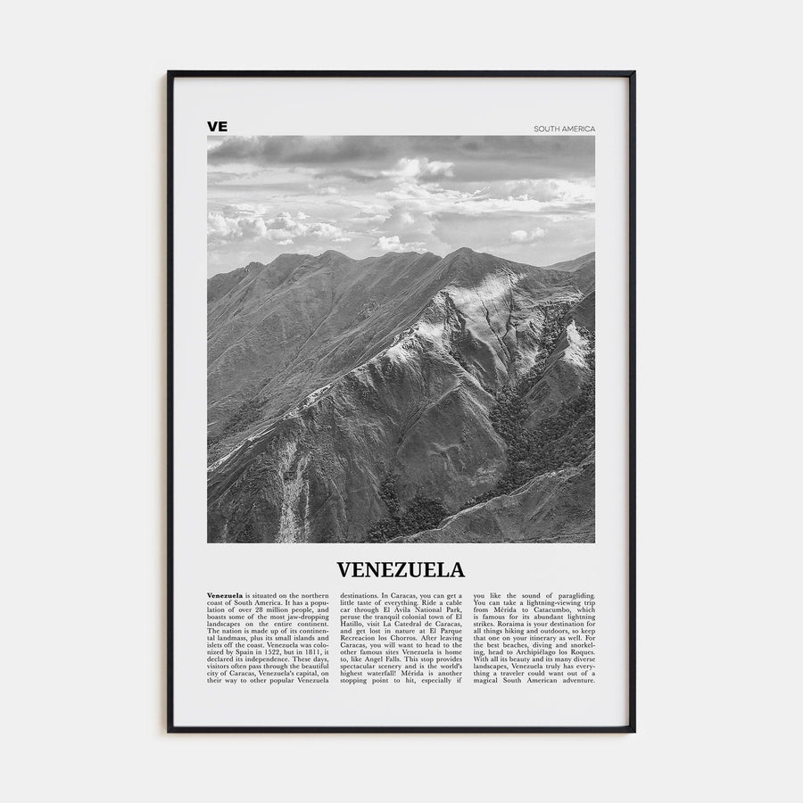 Venezuela Poster Black Metal / 8x12 in Nbourhood Travel B&W Poster