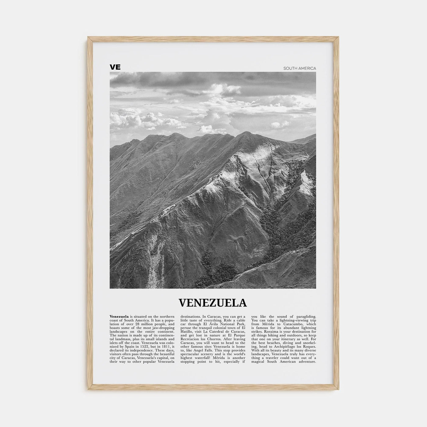 Venezuela Poster Natural Wood / 8x12 in Nbourhood Travel B&W Poster