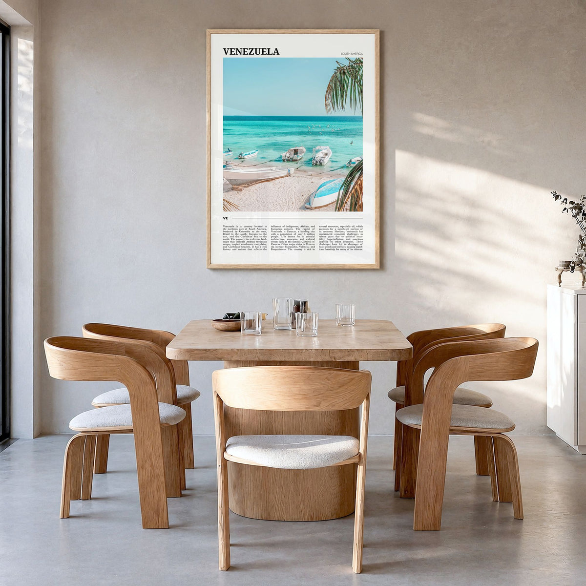 Venezuela Travel No 2 Poster in a natural wood frame, hanging in a dining room