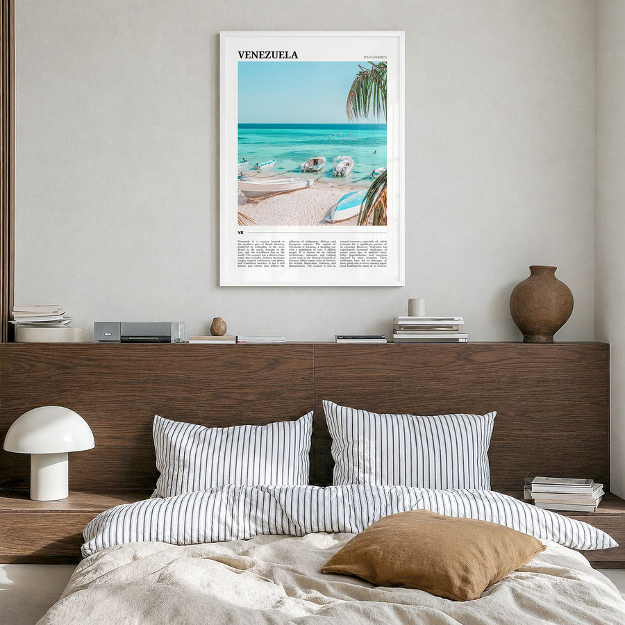 Venezuela Travel No 2 Poster in a white wood frame, hanging in a bedroom