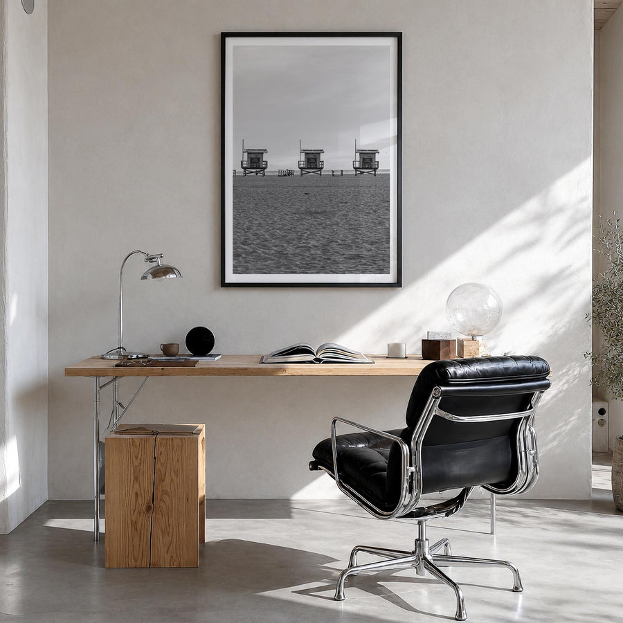 Venice Beach black & white photo poster of Los Angeles, California – vertical wall art in black wood frame with white border,