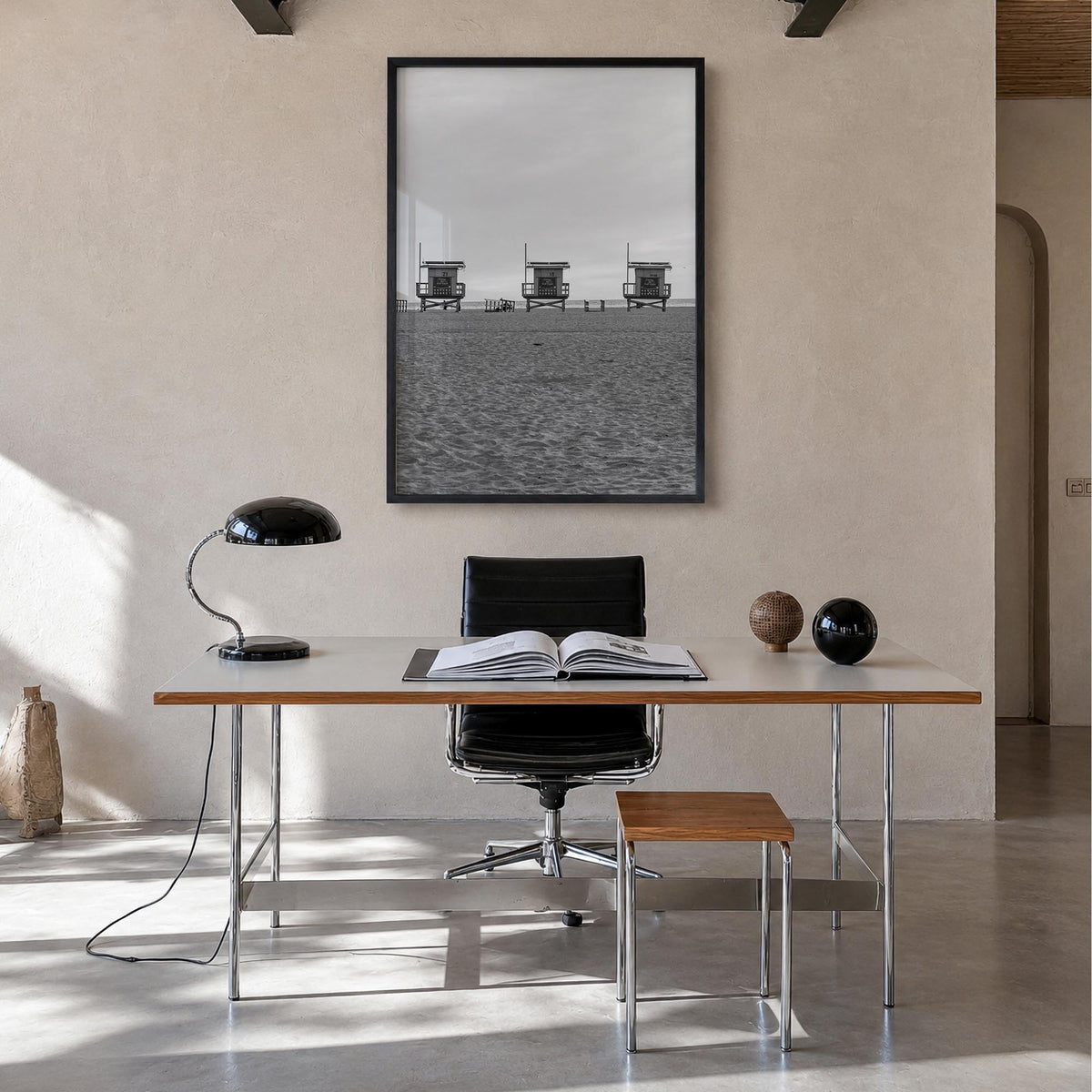 Venice Beach black & white photo poster of Los Angeles, California – vertical wall art in black wood frame, hanging on wall