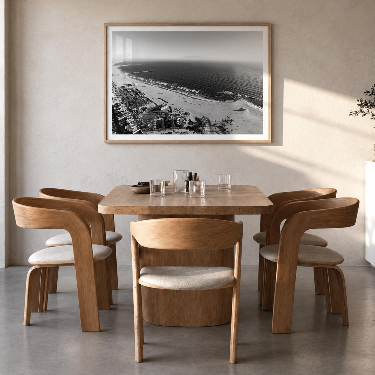 Venice Beach black & white photo poster of Los Angeles, California – horizontal wall art in natural wood frame with white bor