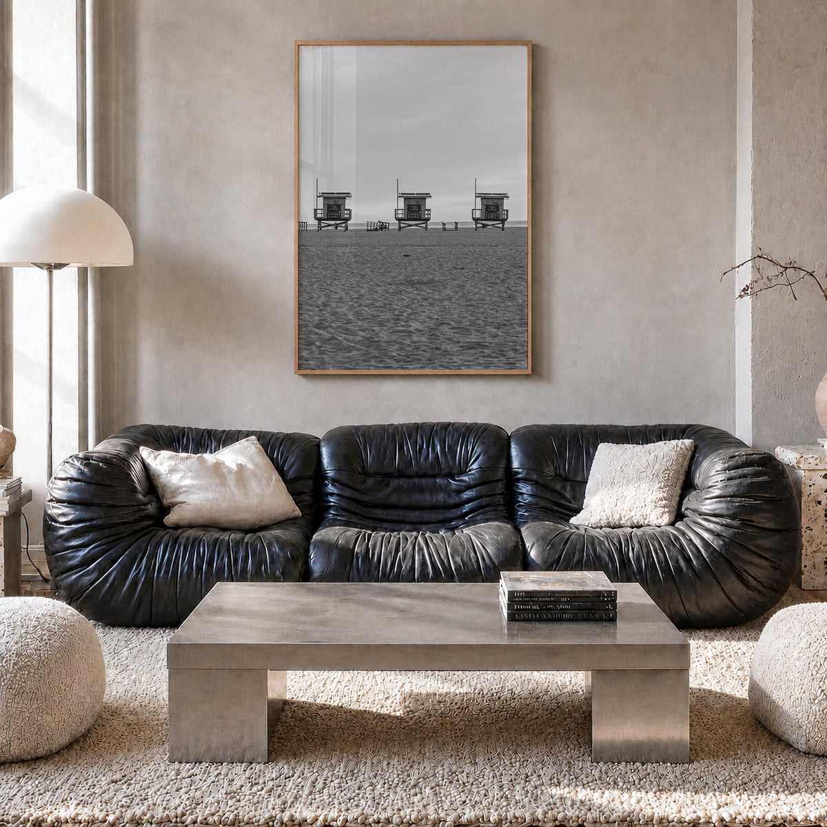 Venice Beach black & white photo poster of Los Angeles, California – vertical wall art in natural wood frame, hanging on wall