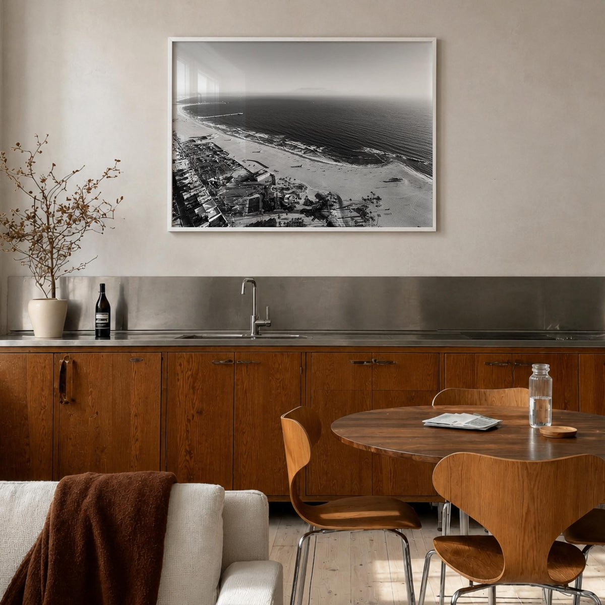 Venice Beach black & white photo poster of Los Angeles, California – horizontal wall art in white wood frame, hanging on wall