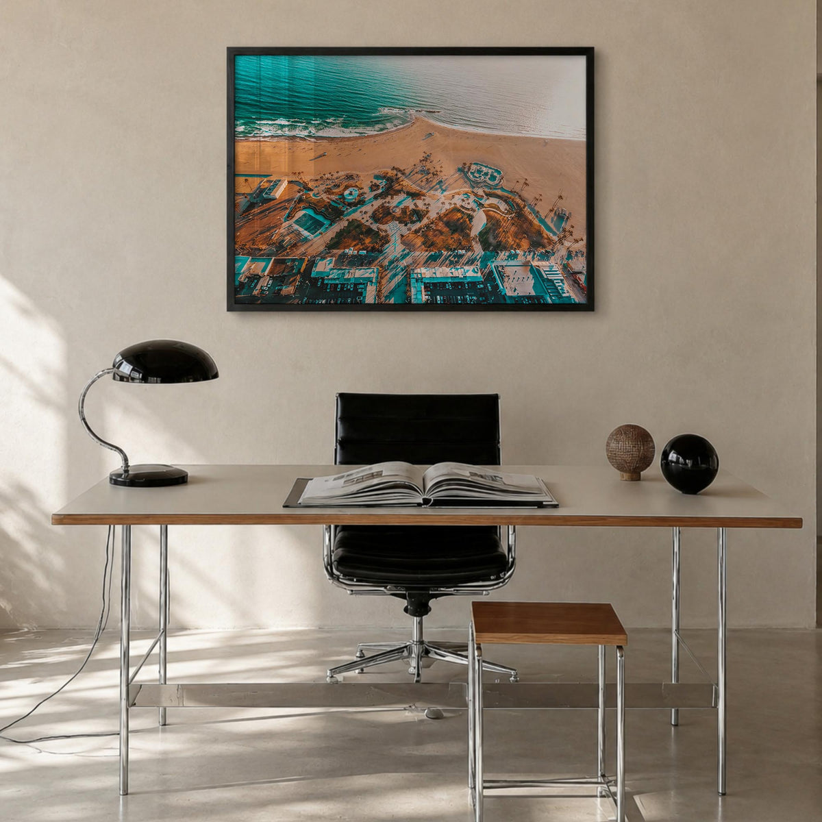 Venice Beach colorful photo poster of Los Angeles, California – horizontal wall art in black wood frame, hanging on wall