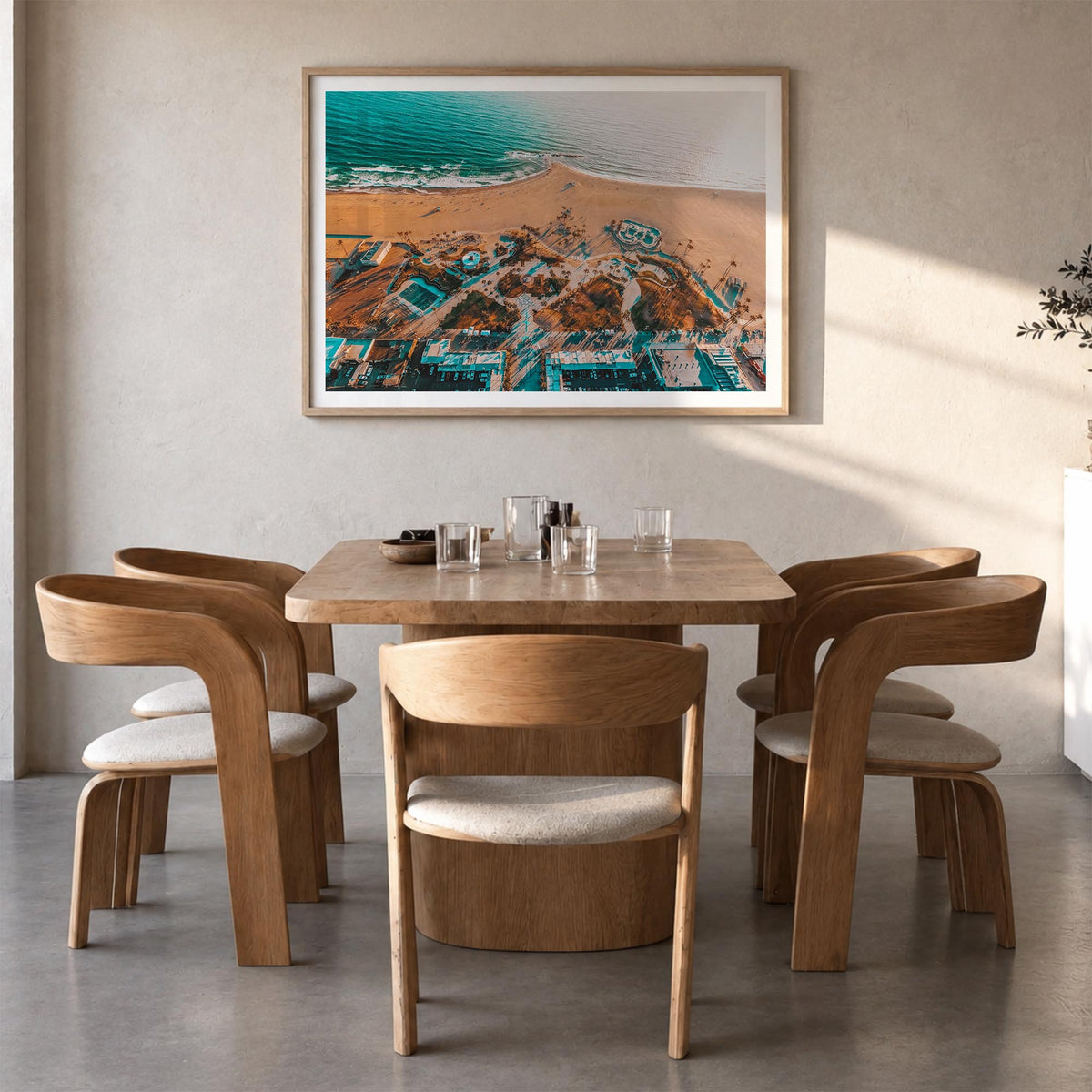 Venice Beach colorful photo poster of Los Angeles, California – horizontal wall art in natural wood frame with white border, 