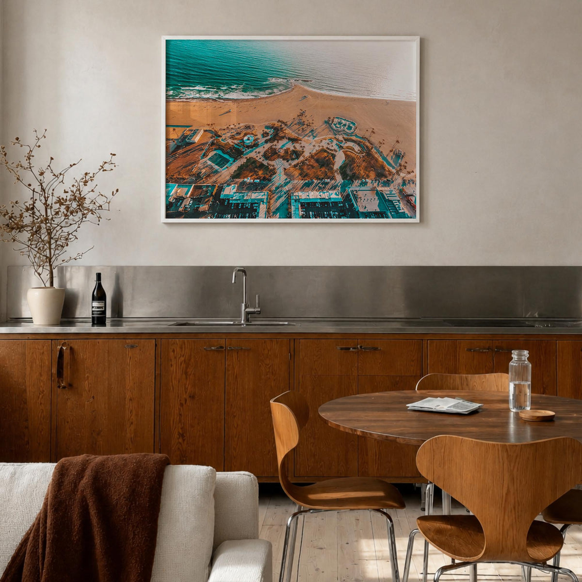 Venice Beach colorful photo poster of Los Angeles, California – horizontal wall art in white wood frame, hanging on wall