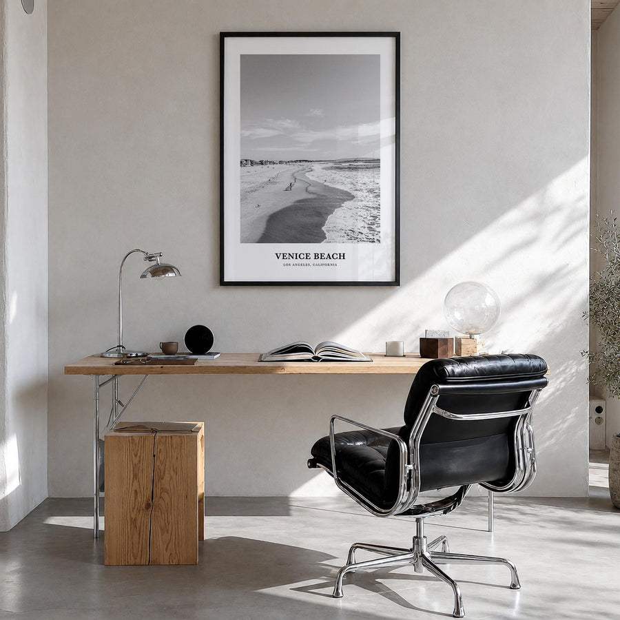 Venice Beach no. 1 black & white classic poster of Los Angeles, California – vertical wall art in black wood frame, hanging o