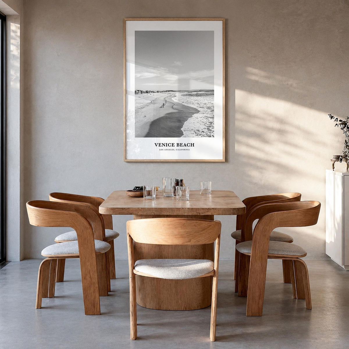 Venice Beach no. 1 black & white classic poster of Los Angeles, California – vertical wall art in natural wood frame, hanging