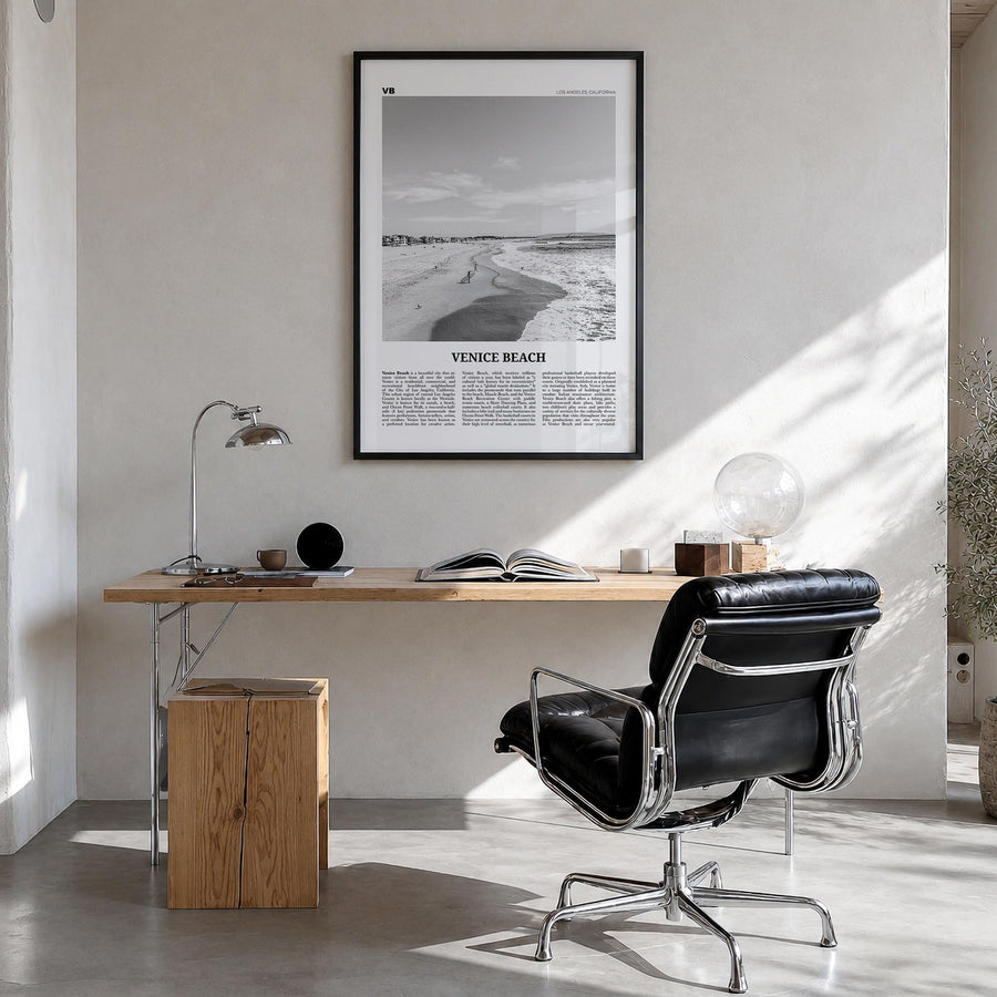 Venice Beach no. 1 black & white newspaper poster of Los Angeles, California – vertical wall art in black wood frame, hanging