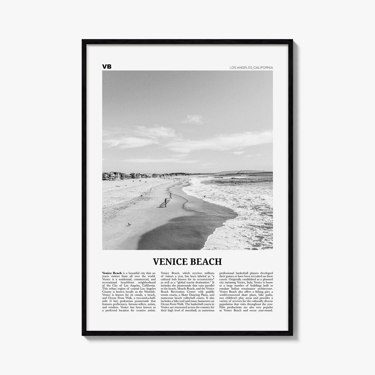 Venice Beach no. 1 black & white newspaper poster of Los Angeles, California – vertical wall art, unframed print shown in int