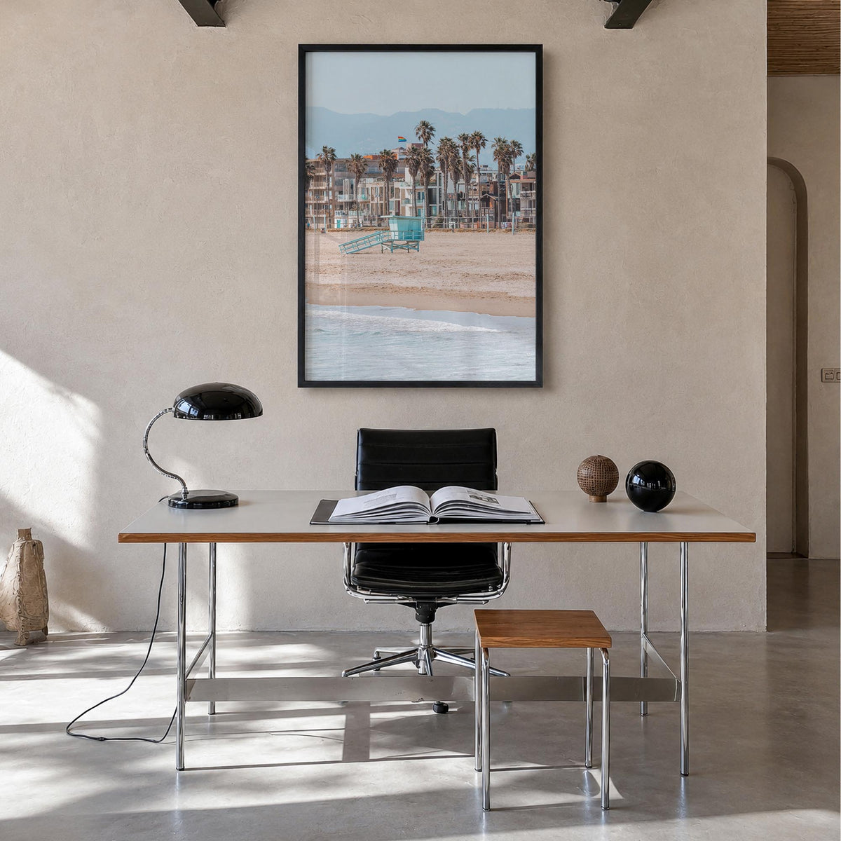 Venice Beach no. 1 colorful photo poster of Los Angeles, California – vertical wall art in black wood frame, hanging on wall