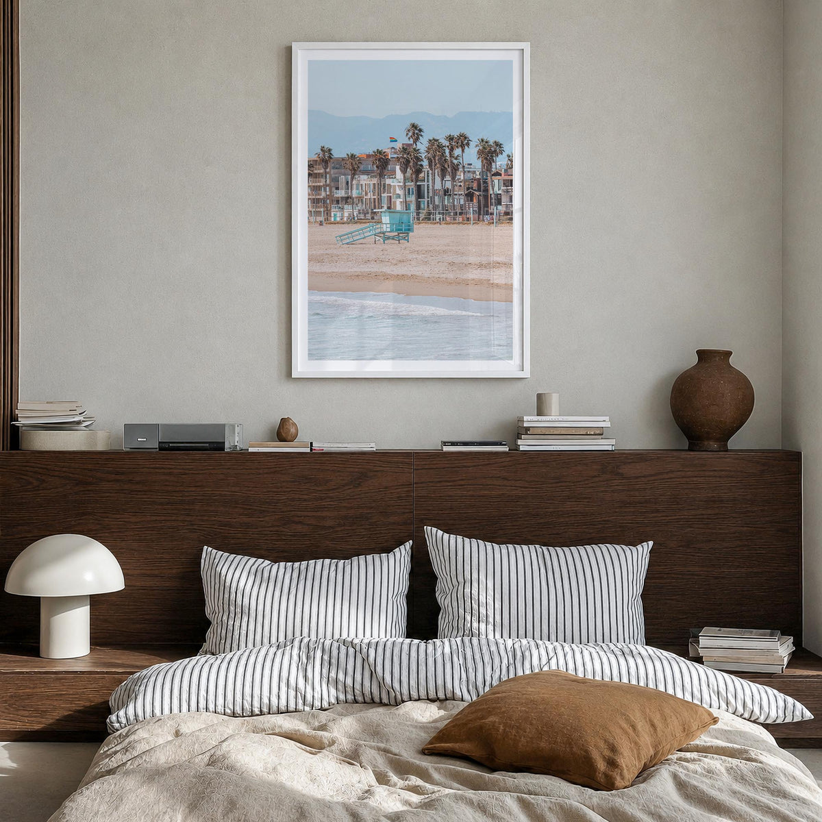 Venice Beach no. 1 colorful photo poster of Los Angeles, California – vertical wall art in white wood frame with white border