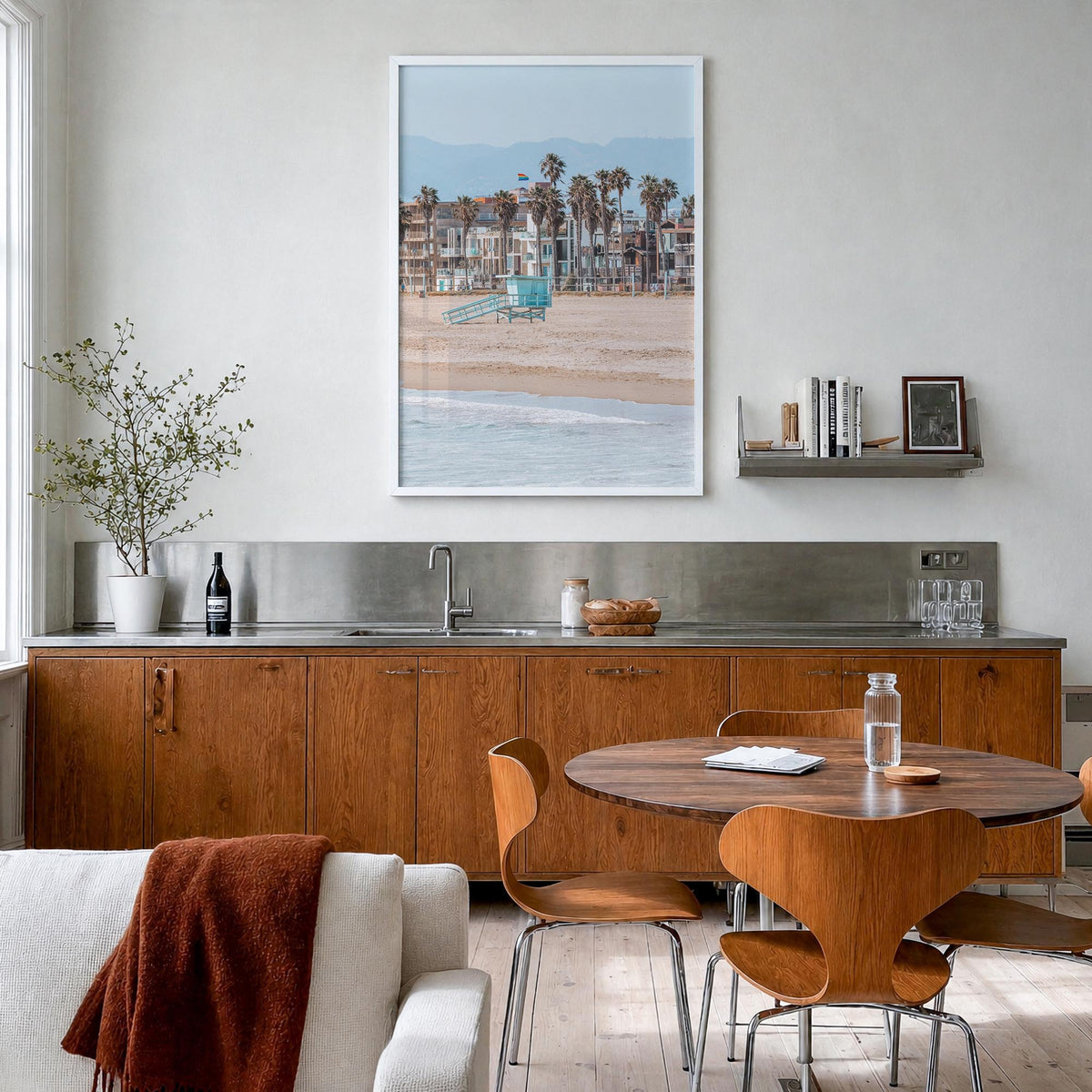 Venice Beach no. 1 colorful photo poster of Los Angeles, California – vertical wall art in white wood frame, hanging on wall