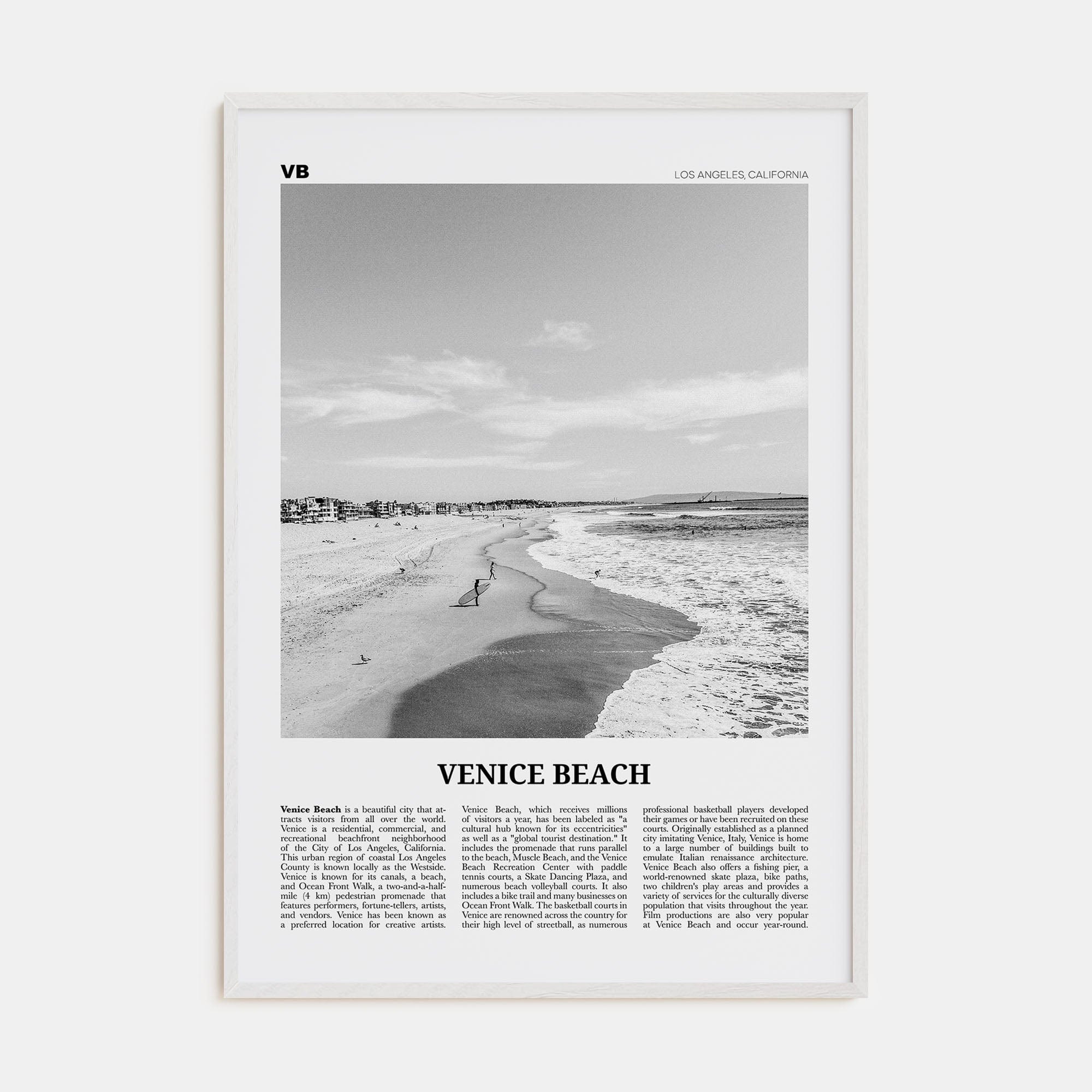 Venice Beach No 1 Poster White Wood / 8x12 in Nbourhood Travel B&W Poster