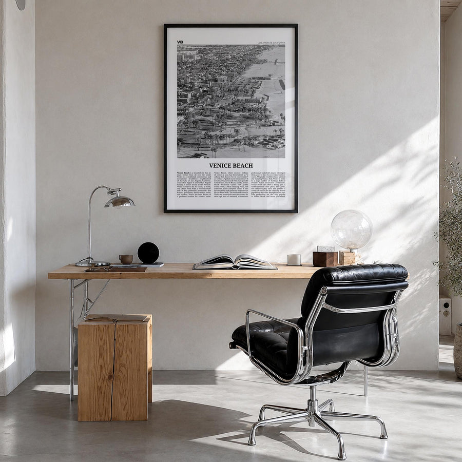 Venice Beach no. 2 black & white newspaper poster of Los Angeles, California – vertical wall art in black wood frame, hanging