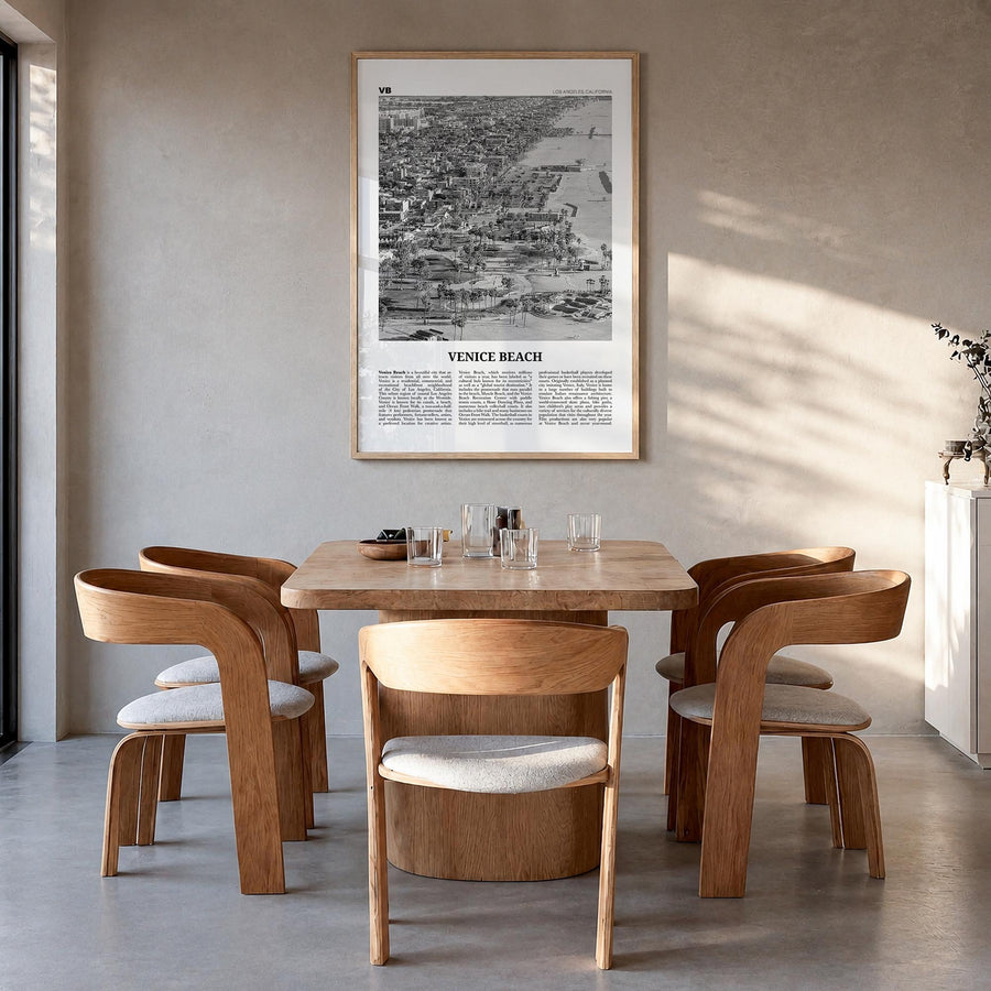 Venice Beach no. 2 black & white newspaper poster of Los Angeles, California – vertical wall art in natural wood frame, hangi