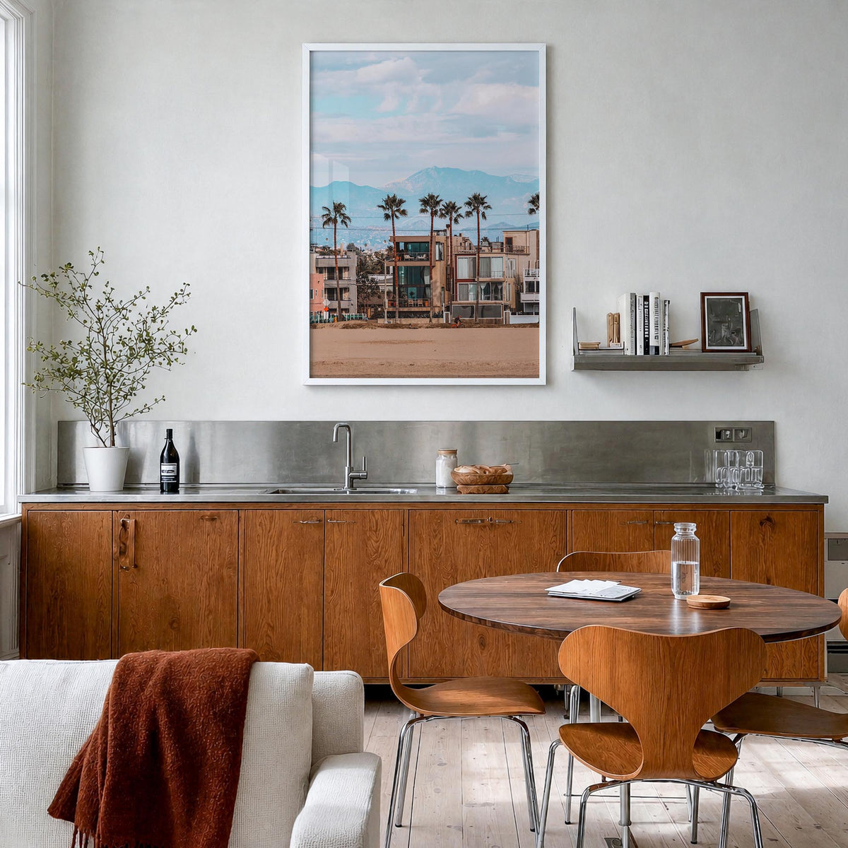 Venice Beach no. 2 colorful photo poster of Los Angeles, California – vertical wall art in white wood frame, hanging on wall