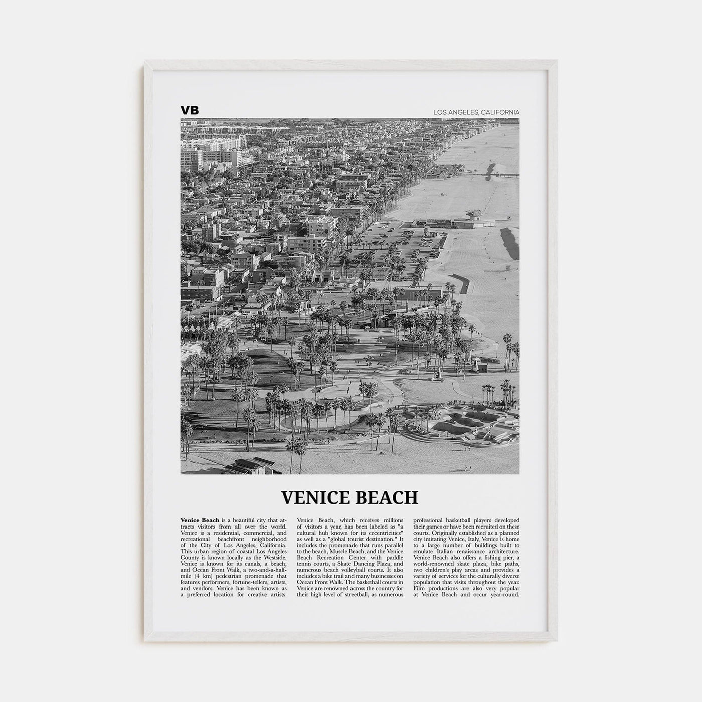 Venice Beach No 2 Poster White Wood / 8x12 in Nbourhood Travel B&W Poster