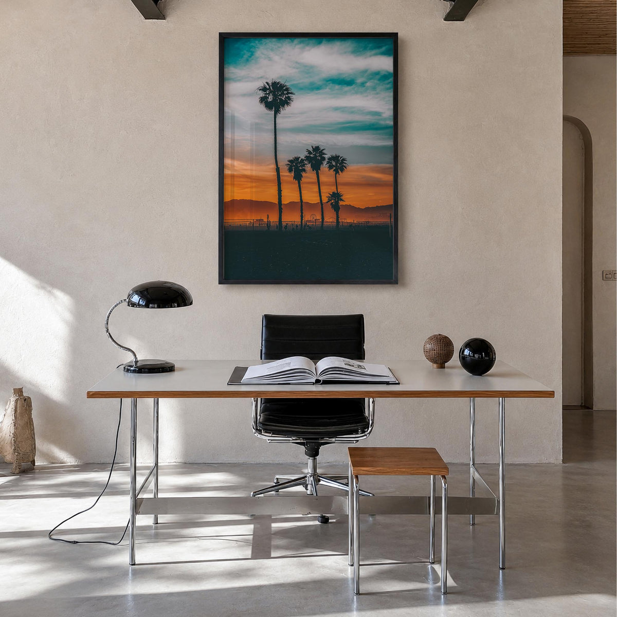 Venice Beach no. 3 colorful photo poster of Los Angeles, California – vertical wall art in black wood frame, hanging on wall