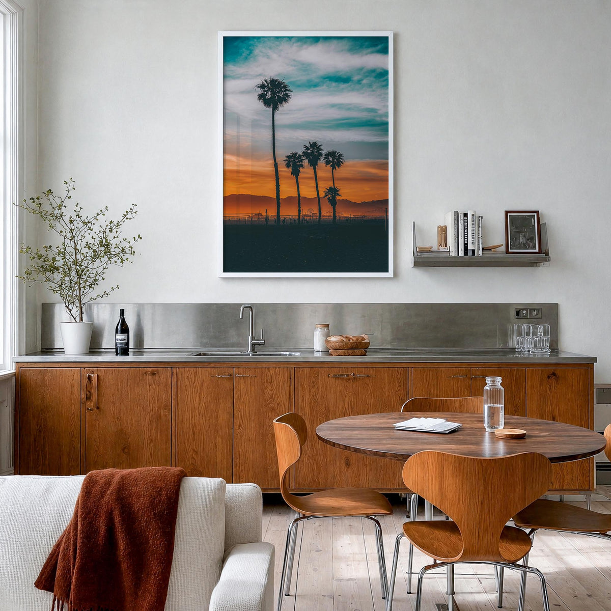 Venice Beach no. 3 colorful photo poster of Los Angeles, California – vertical wall art in white wood frame, hanging on wall